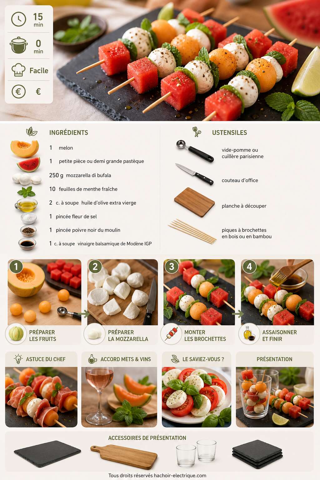 Fiche recette Brochettes melon pastèque et mozzarella : recette estivale facile Fiche recette Brochettes melon pastèque et mozzarella : recette estivale facile