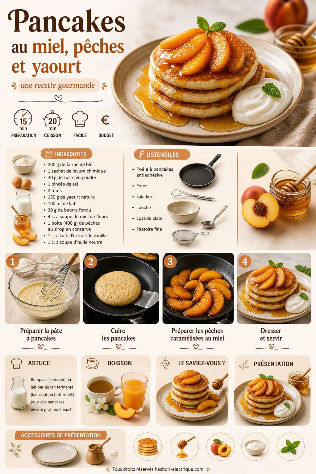 Fiche recette Pancakes au miel, pêches et yaourt : une recette gourmande Fiche recette Pancakes au miel, pêches et yaourt : une recette gourmande