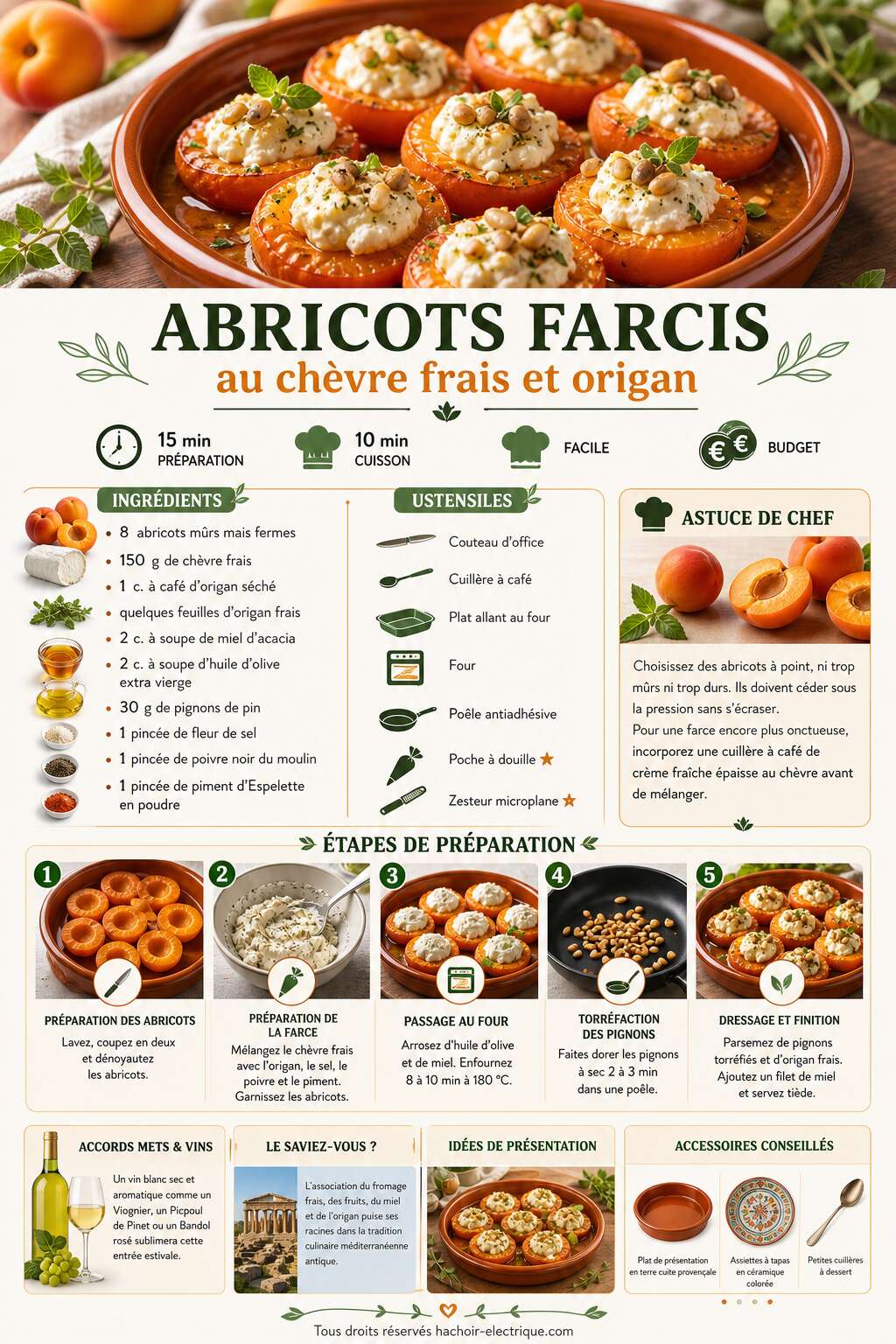Fiche recette Abricots farcis au ch&egrave;vre frais et origan : recette savoureuse