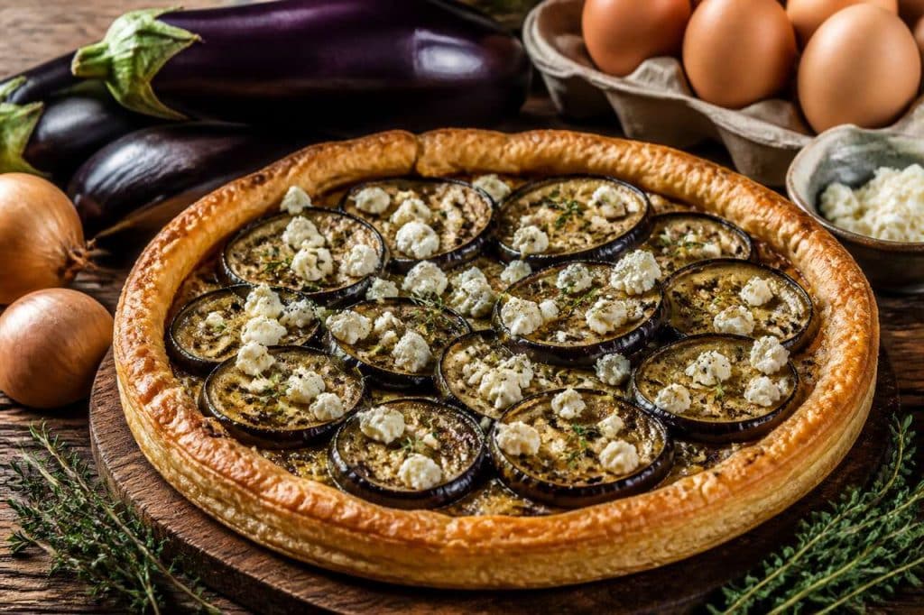 Tarte à l'aubergine et compotée d'oignons : recette savoureuse