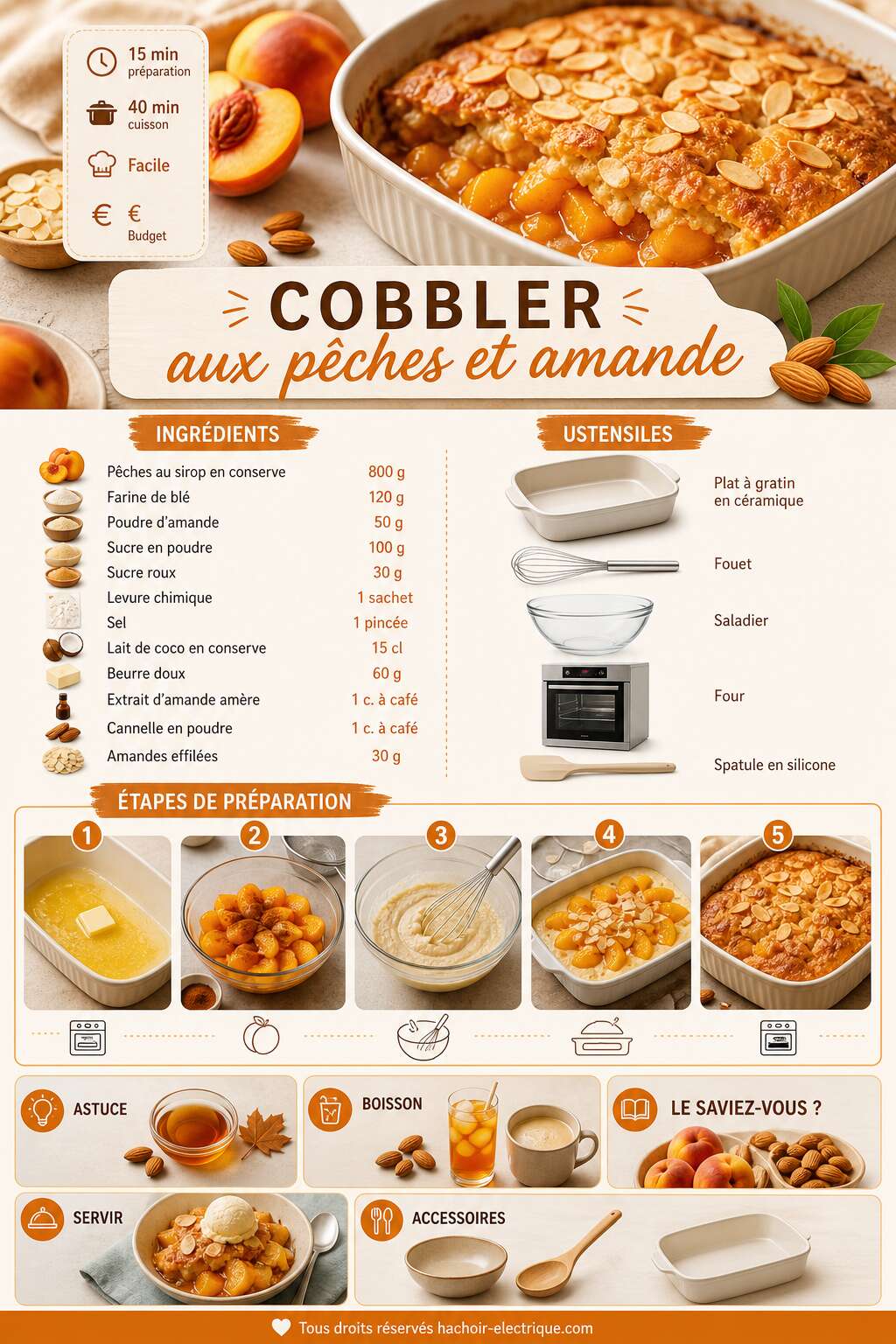 Fiche recette Cobbler aux pêches et amande : recette facile et gourmande Fiche recette Cobbler aux pêches et amande : recette facile et gourmande