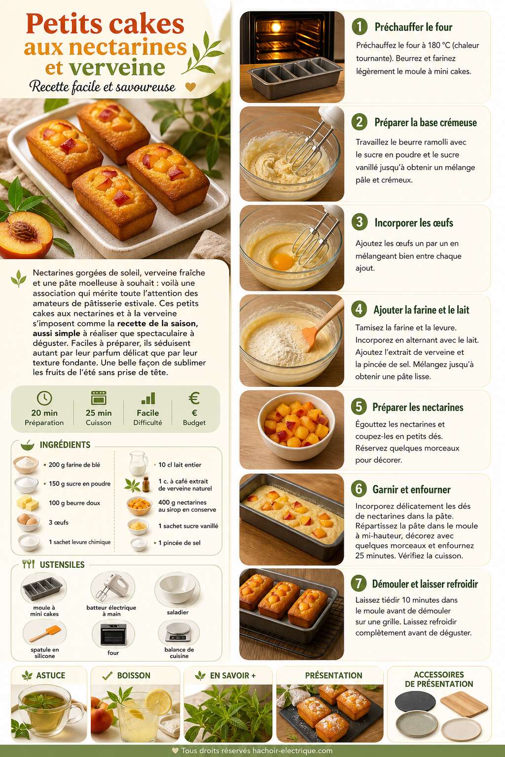 Fiche recette Petits cakes aux nectarines et verveine : recette facile et savoureuse Fiche recette Petits cakes aux nectarines et verveine : recette facile et savoureuse
