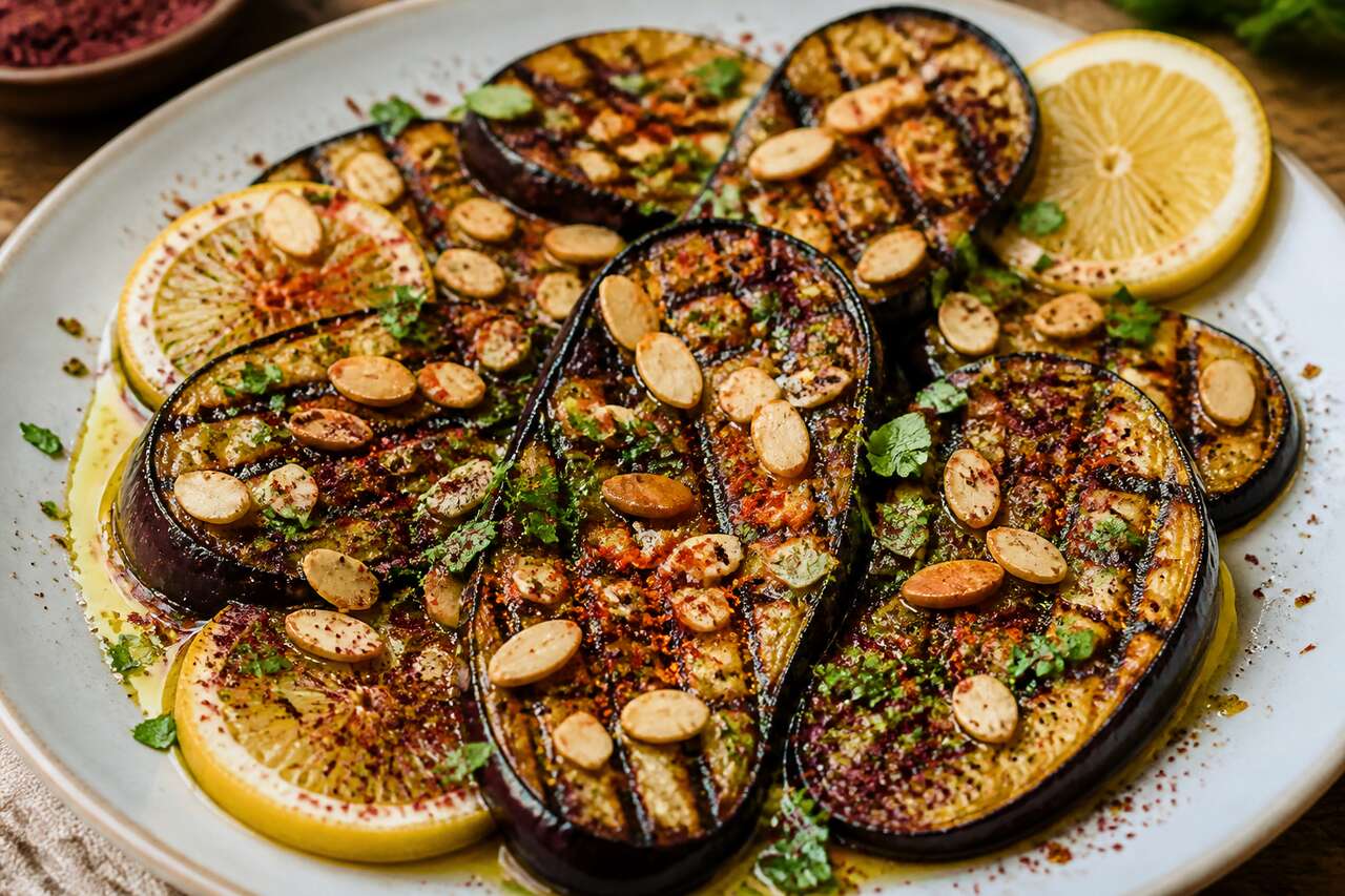 Salade d'aubergines grillées aux amandes