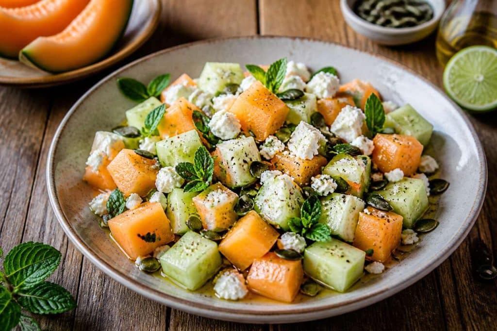 Salade fraƮcheur melon, concombre, feta et menthe