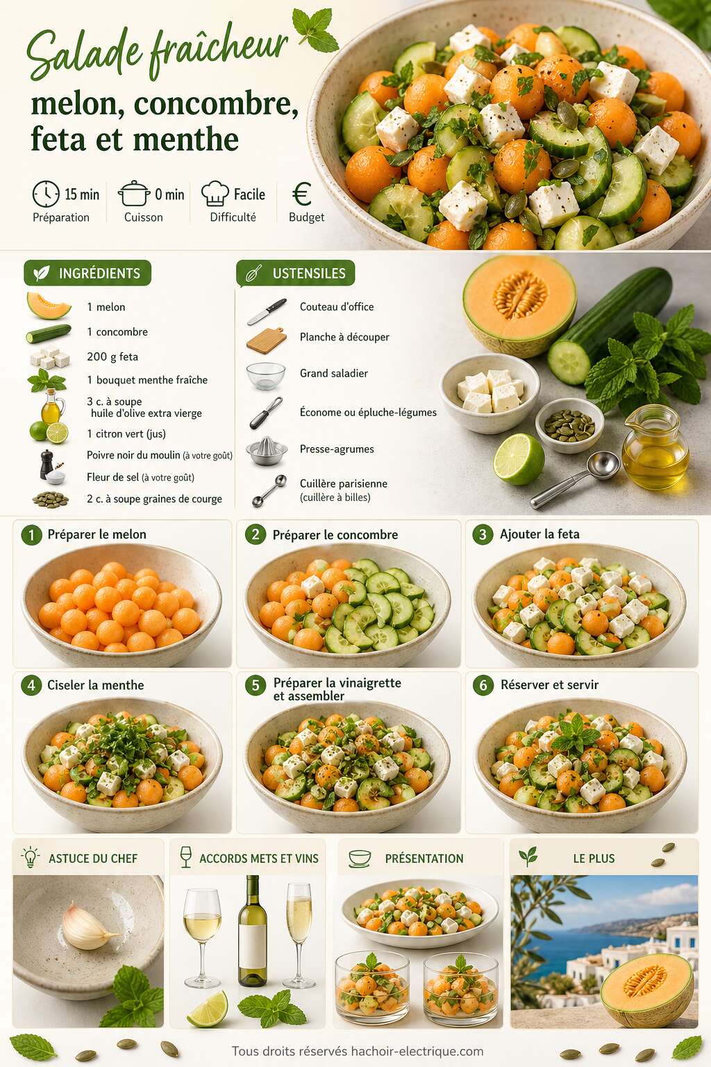 Fiche recette Salade fraîcheur melon, concombre, feta et menthe Fiche recette Salade fraîcheur melon, concombre, feta et menthe