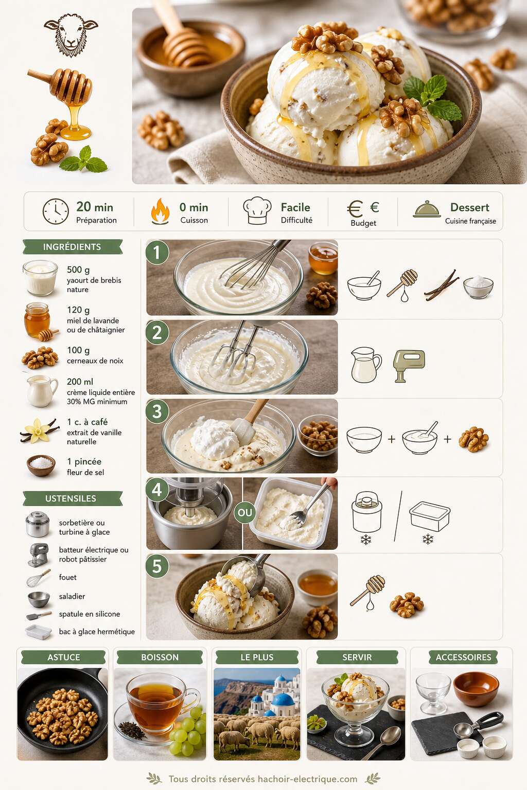 Fiche recette Glace au yaourt de brebis, noix et miel : recette gourmande Fiche recette Glace au yaourt de brebis, noix et miel : recette gourmande