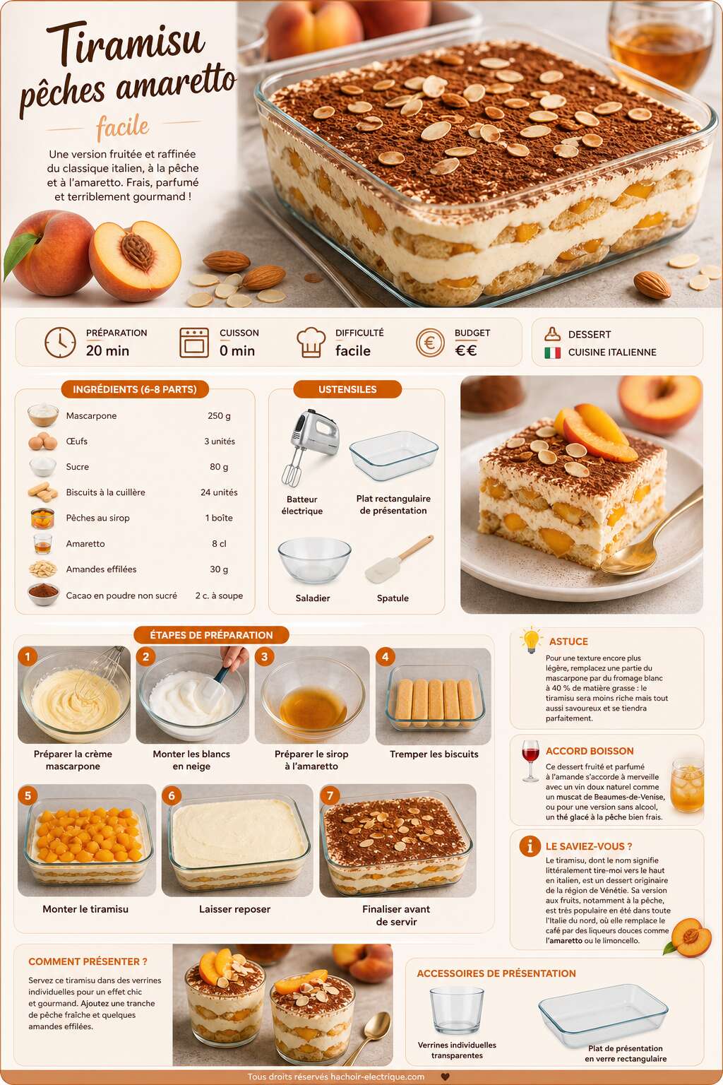 Fiche recette Tiramisu pêches amaretto facile : recette gourmande Fiche recette Tiramisu pêches amaretto facile : recette gourmande