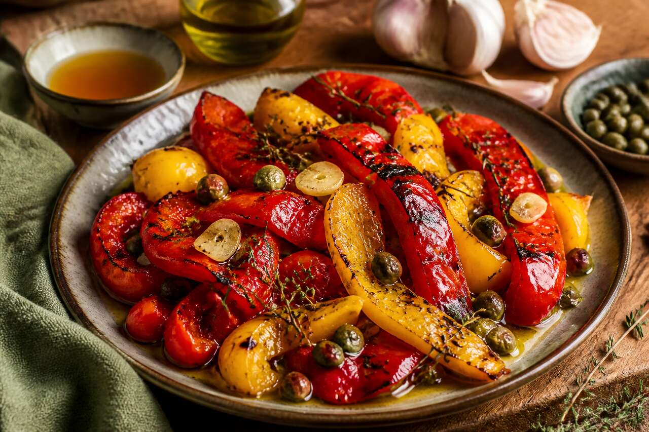 Salade de poivrons grillés marinés au thym : recette savoureuse