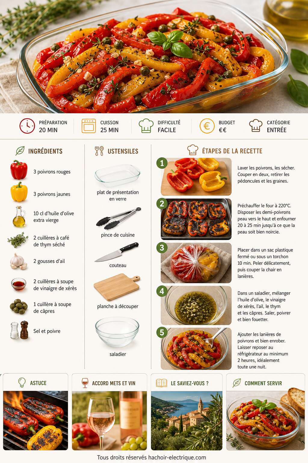 Fiche recette Salade de poivrons grillés marinés au thym : recette savoureuse Fiche recette Salade de poivrons grillés marinés au thym : recette savoureuse