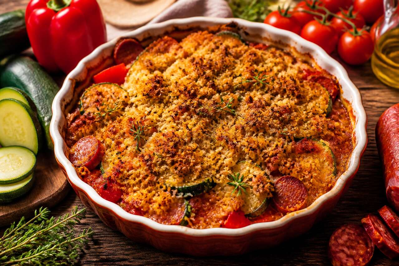 Crumble de légumes d'été au chorizo : recette savoureuse