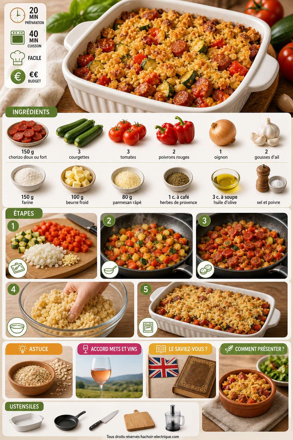 Fiche recette Crumble de légumes d'été au chorizo : recette savoureuse Fiche recette Crumble de légumes d'été au chorizo : recette savoureuse
