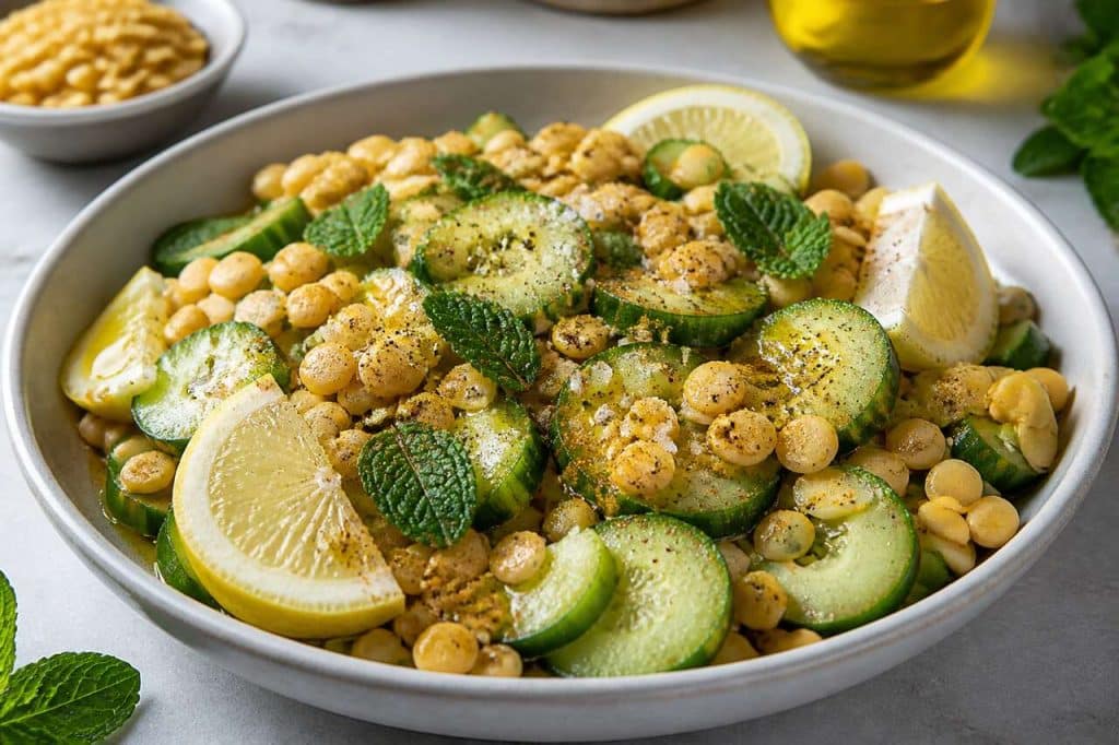 Salade de pois cassés au concombre et menthe : recette fraîche.