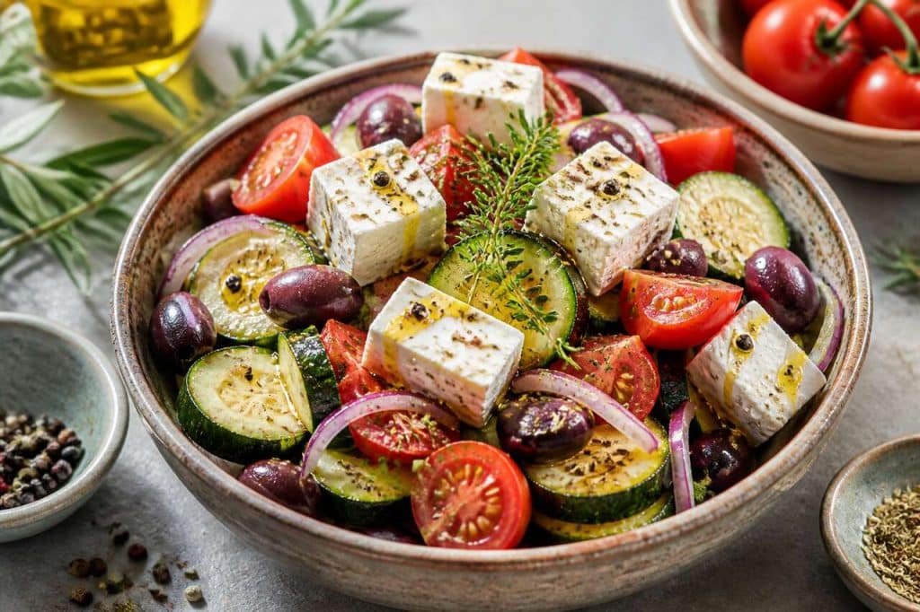 Salade de courgette, tomate et feta : recette grecque savoureuse