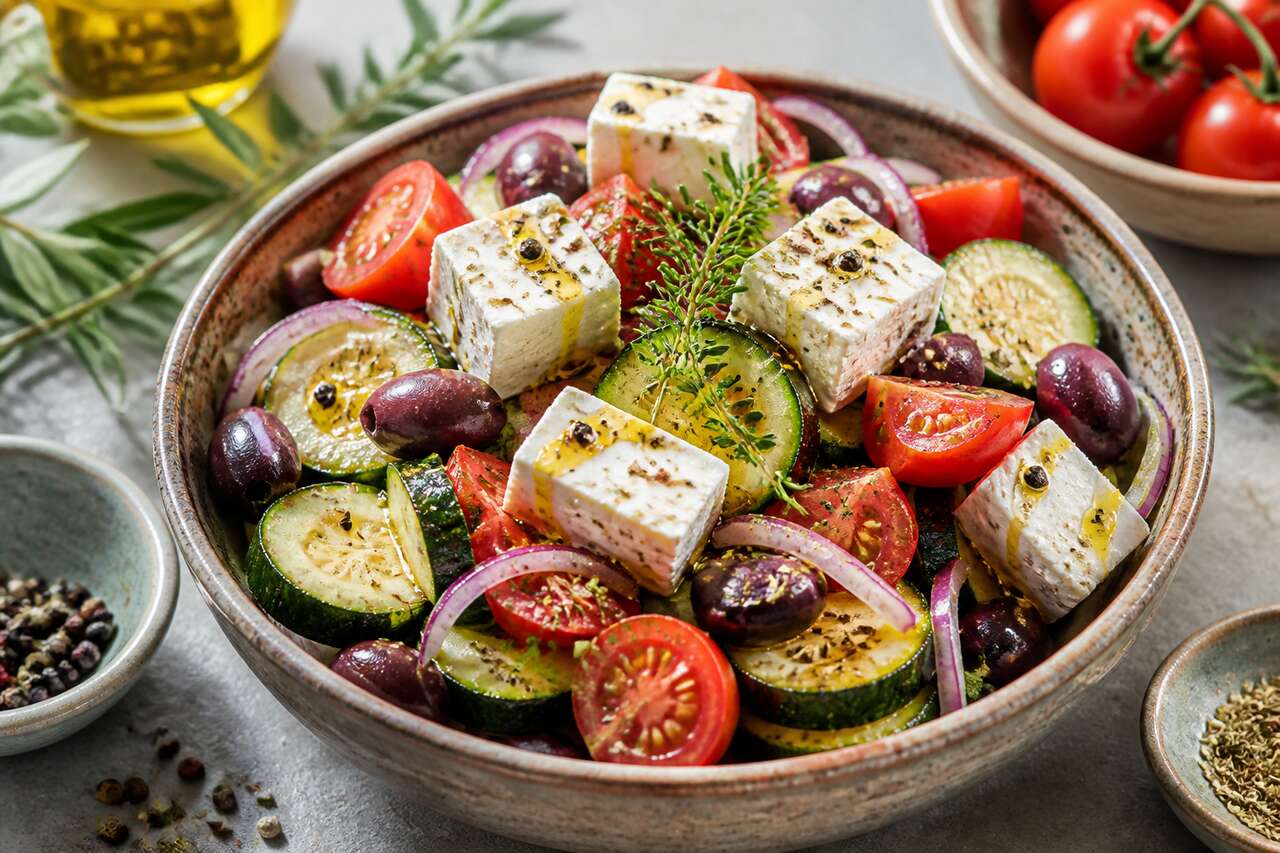 Salade de courgette, tomate et feta : recette grecque savoureuse