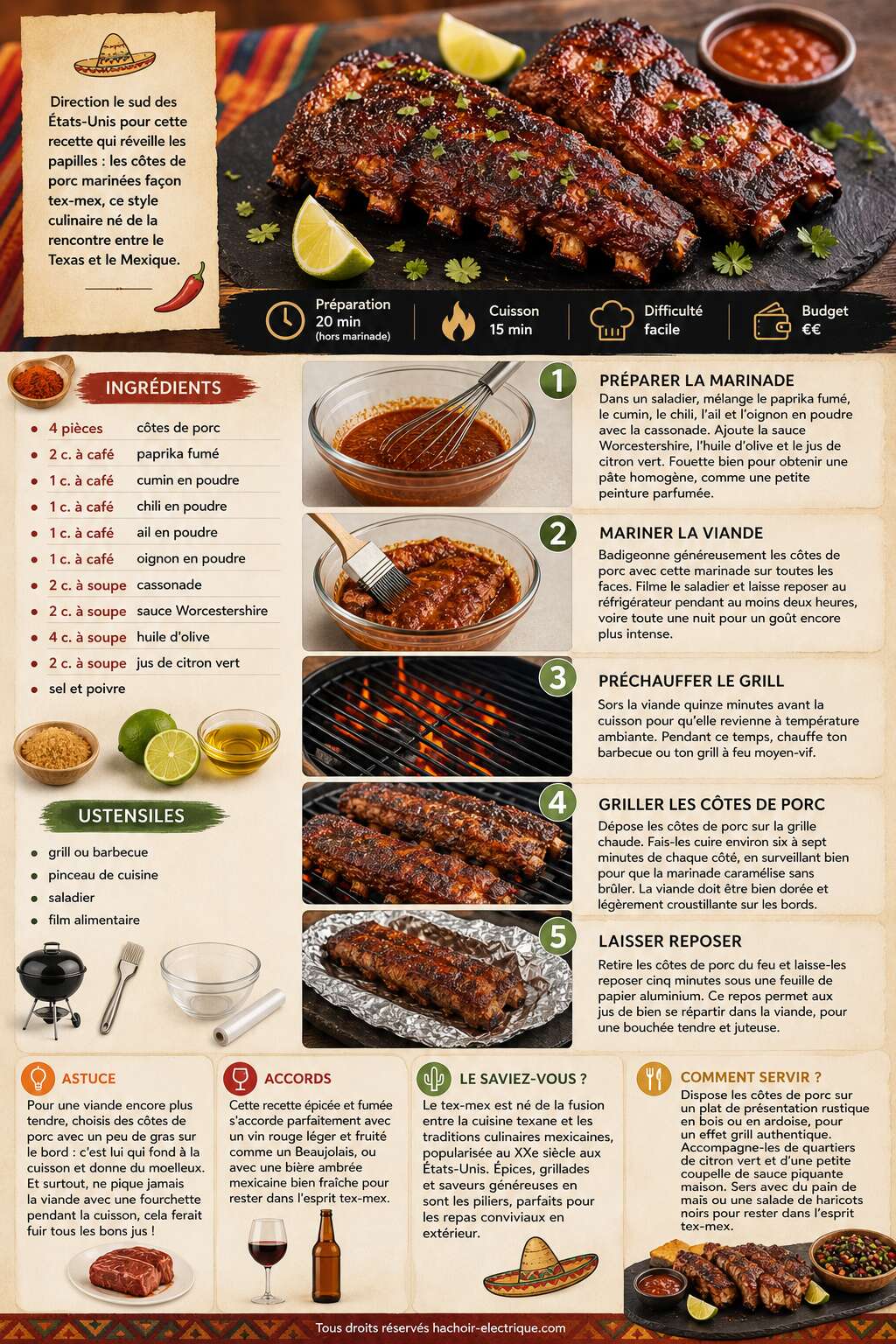Fiche recette Côtes de porc marinées Tex-Mex : recette savoureuse pour vos grillades Fiche recette Côtes de porc marinées Tex-Mex : recette savoureuse pour vos grillades