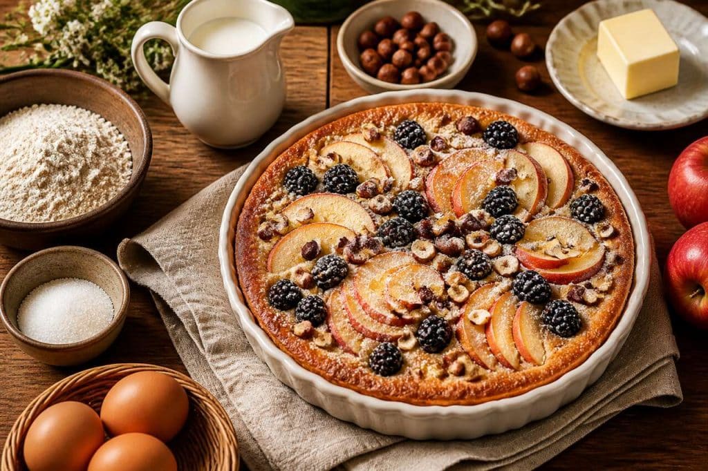 Clafoutis aux pommes, mûres et noisette : recette gourmande
