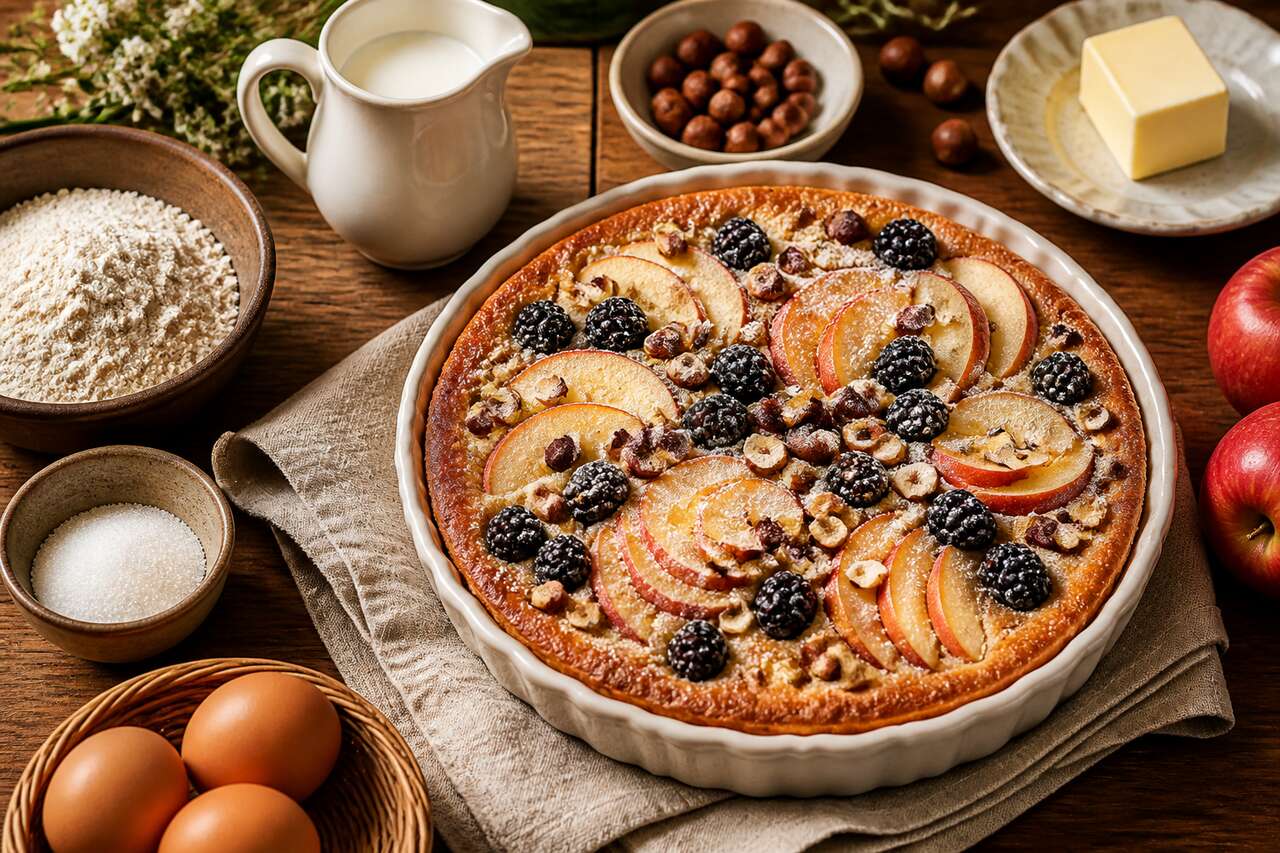 Clafoutis aux pommes, mûres et noisette : recette gourmande