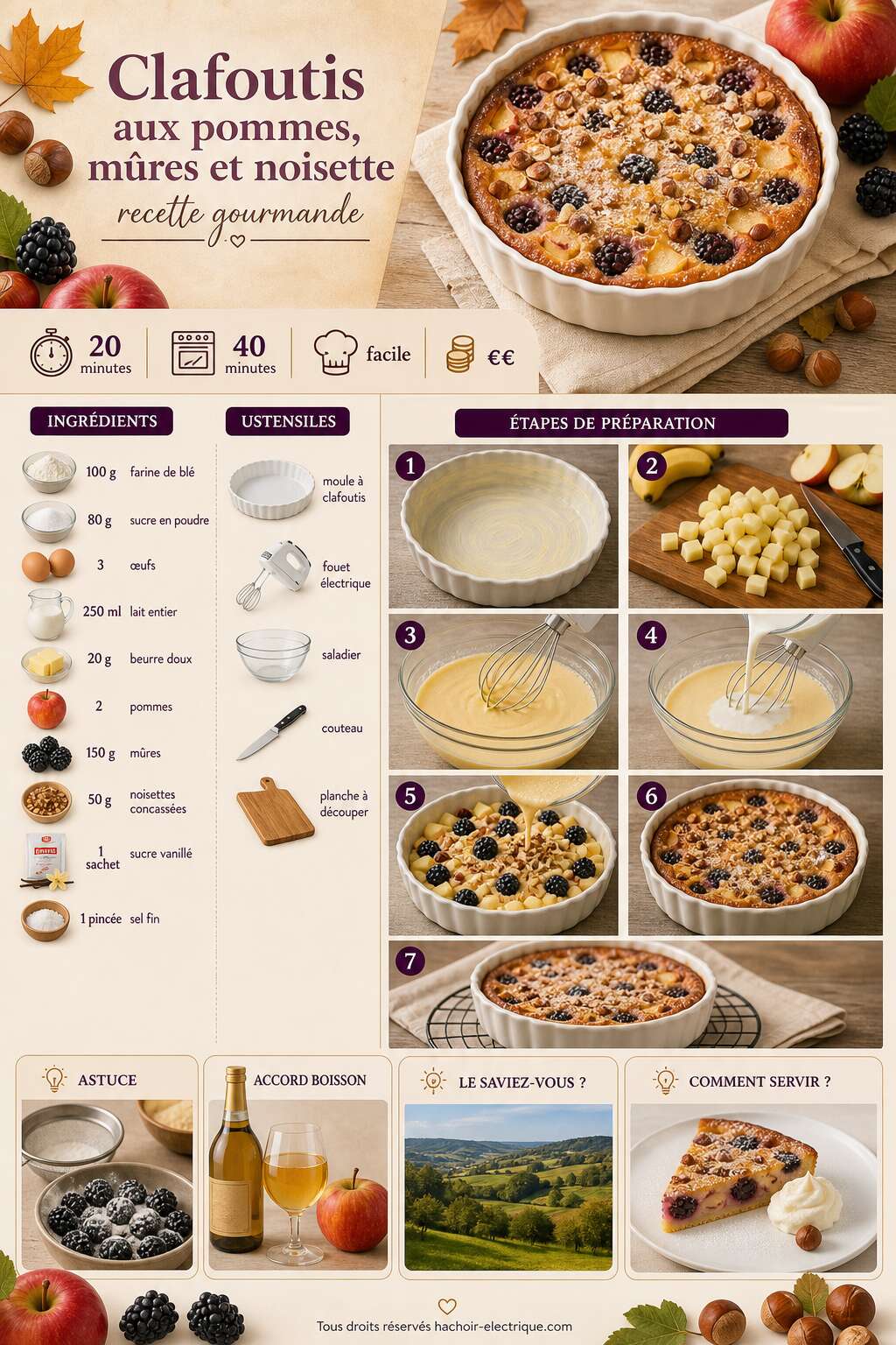 Fiche recette Clafoutis aux pommes, mûres et noisette : recette gourmande Fiche recette Clafoutis aux pommes, mûres et noisette : recette gourmande