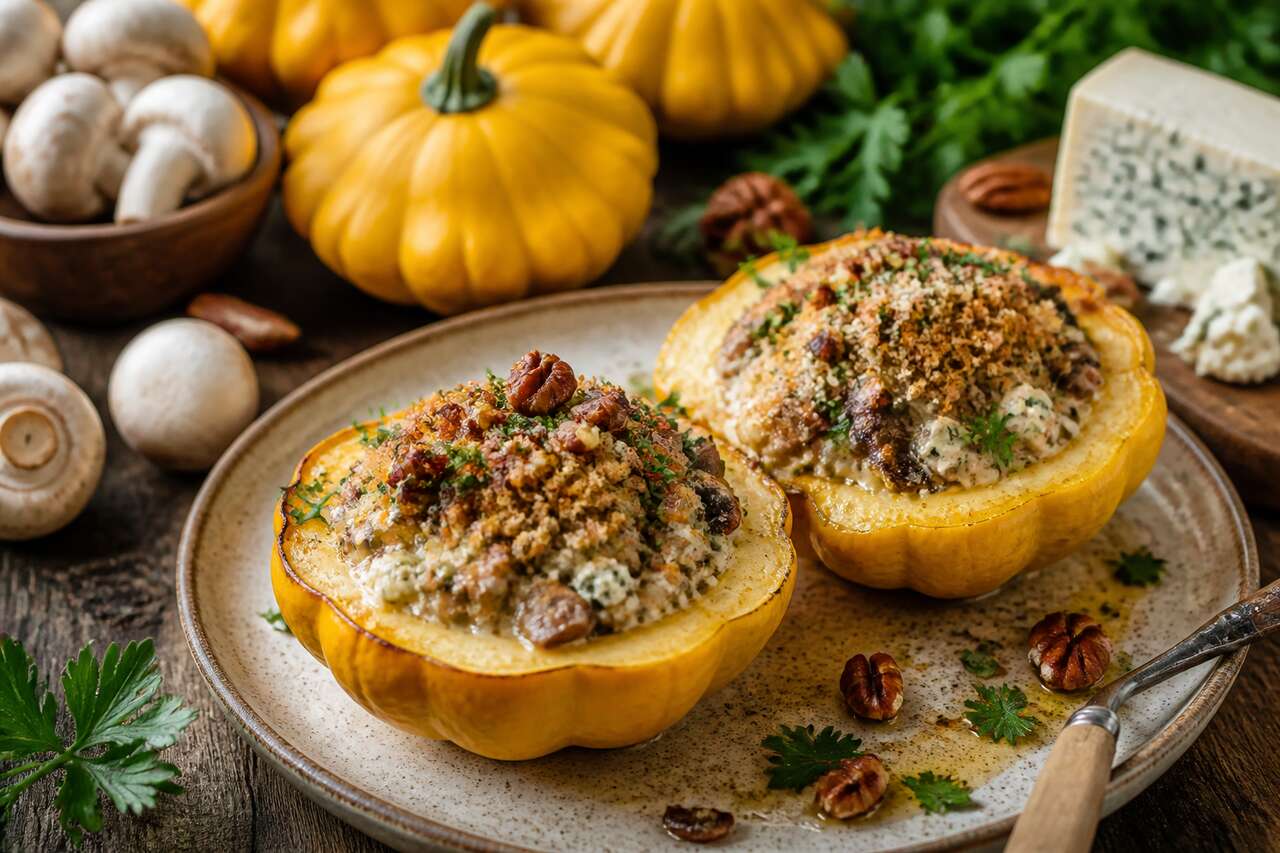 Pâtisson farci aux champignons et bleu : recette végétarienne
