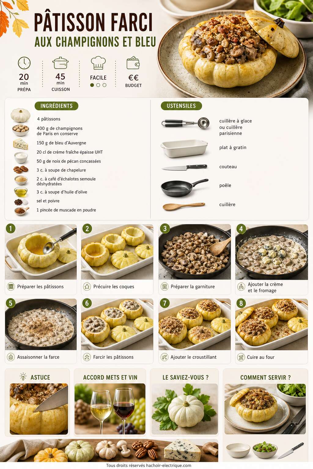 Fiche recette Pâtisson farci aux champignons et bleu : recette végétarienne Fiche recette Pâtisson farci aux champignons et bleu : recette végétarienne