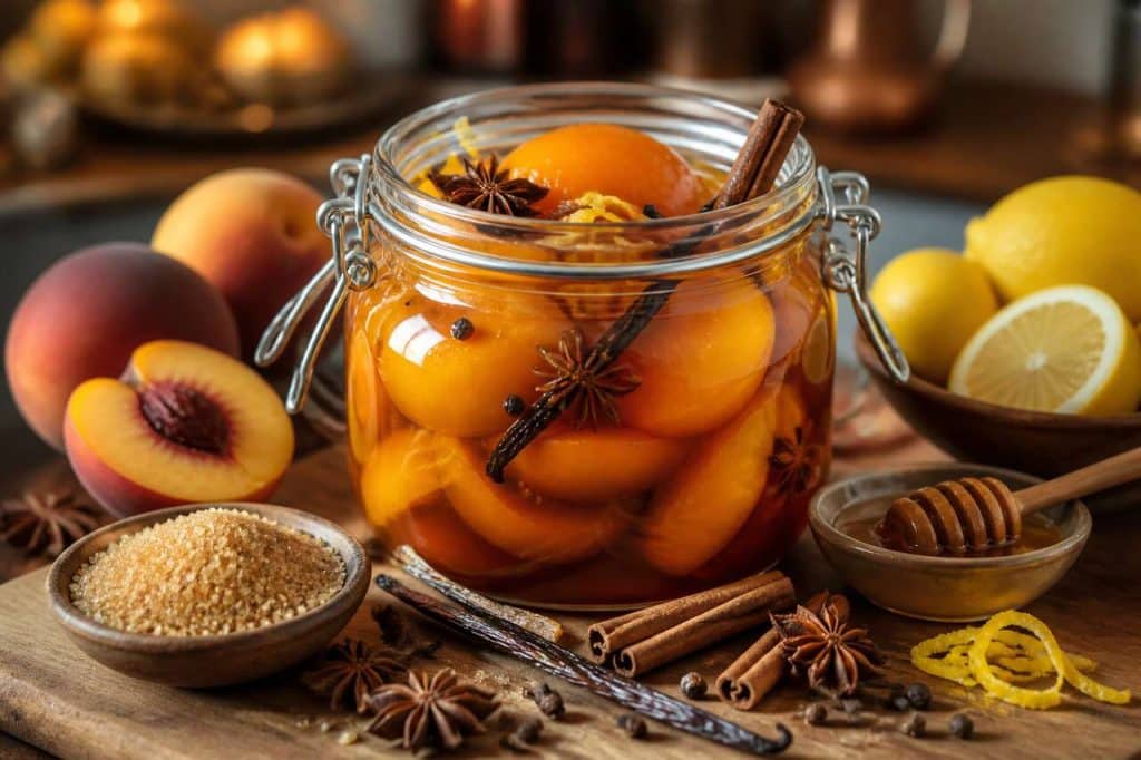 Pêches au sirop épicé : dessert confit maison
