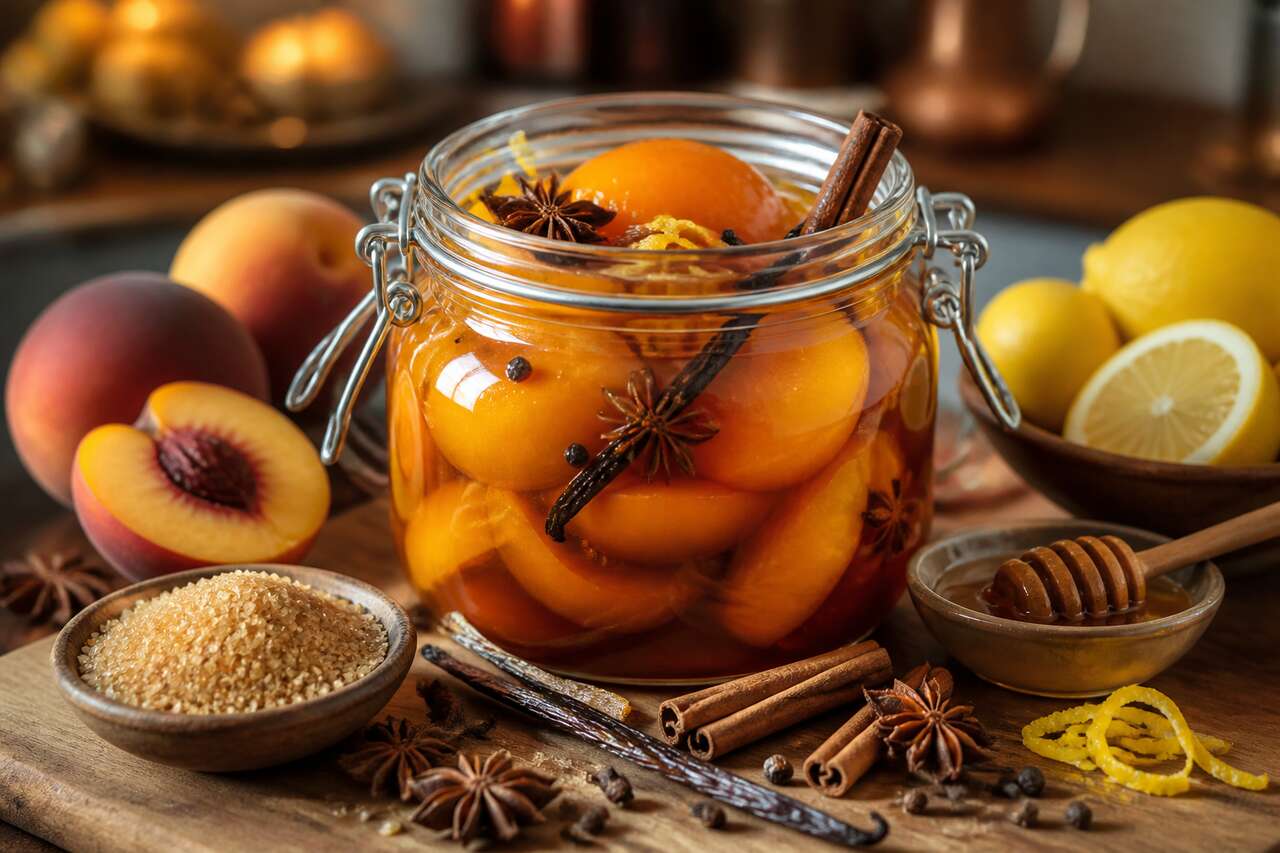 Pêches au sirop épicé : dessert confit maison