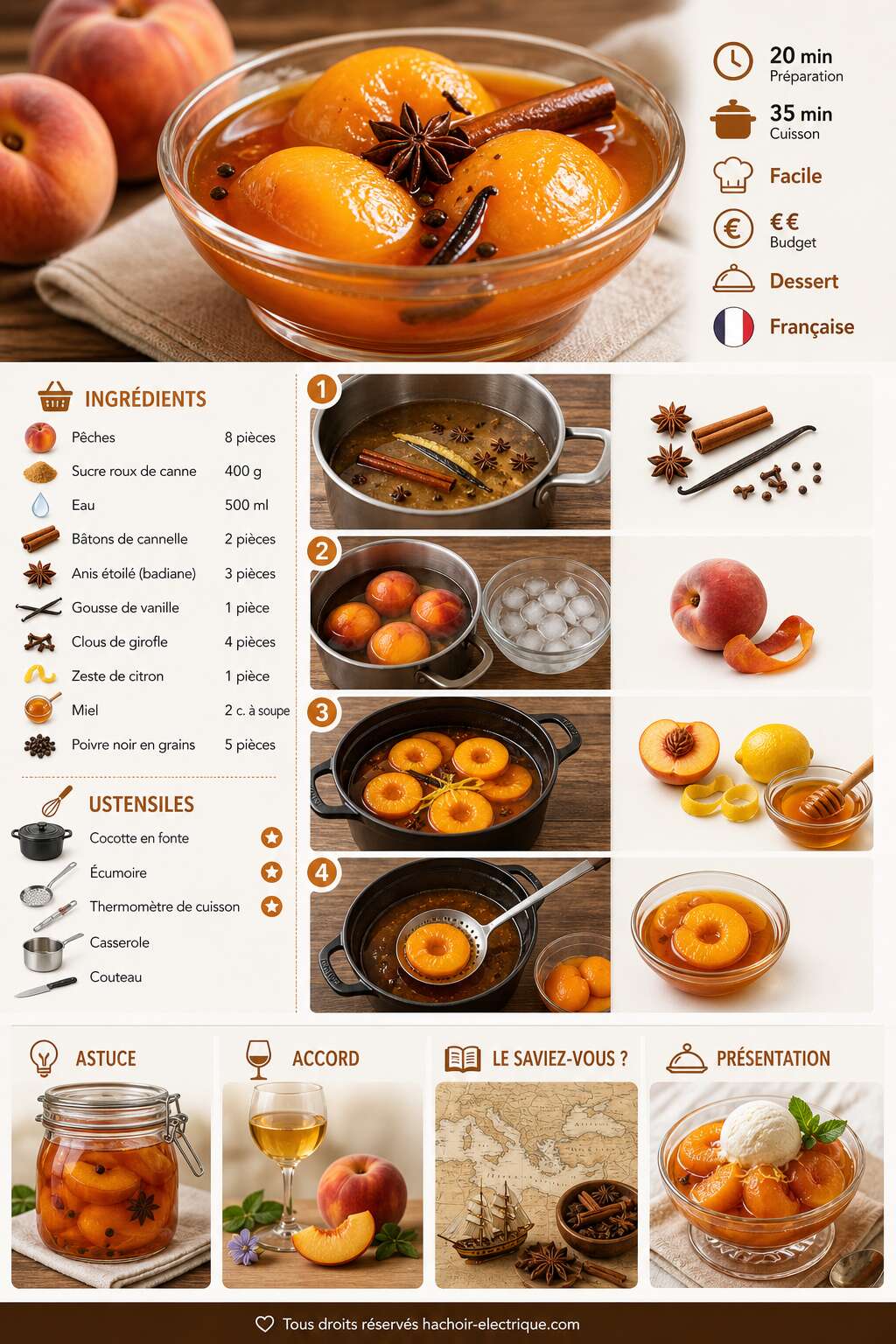 Fiche recette Pêches au sirop épicé : dessert confit maison Fiche recette Pêches au sirop épicé : dessert confit maison