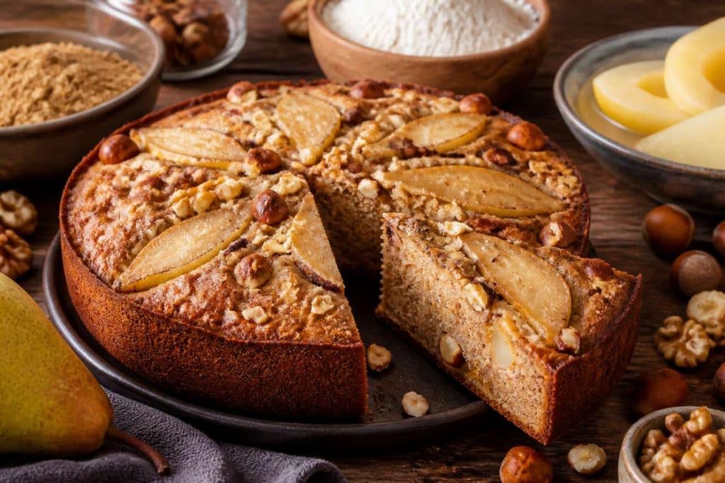 Cake d'automne : recette aux poires, noix et noisettes