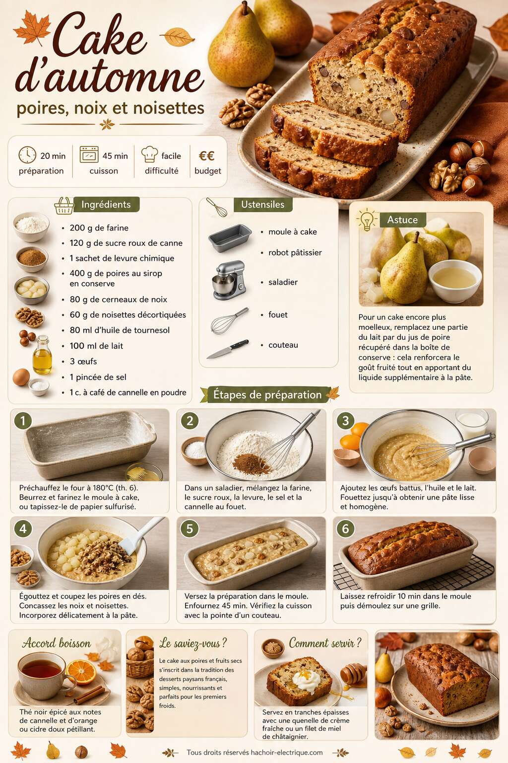 Fiche recette Cake d'automne : recette aux poires, noix et noisettes Fiche recette Cake d'automne : recette aux poires, noix et noisettes