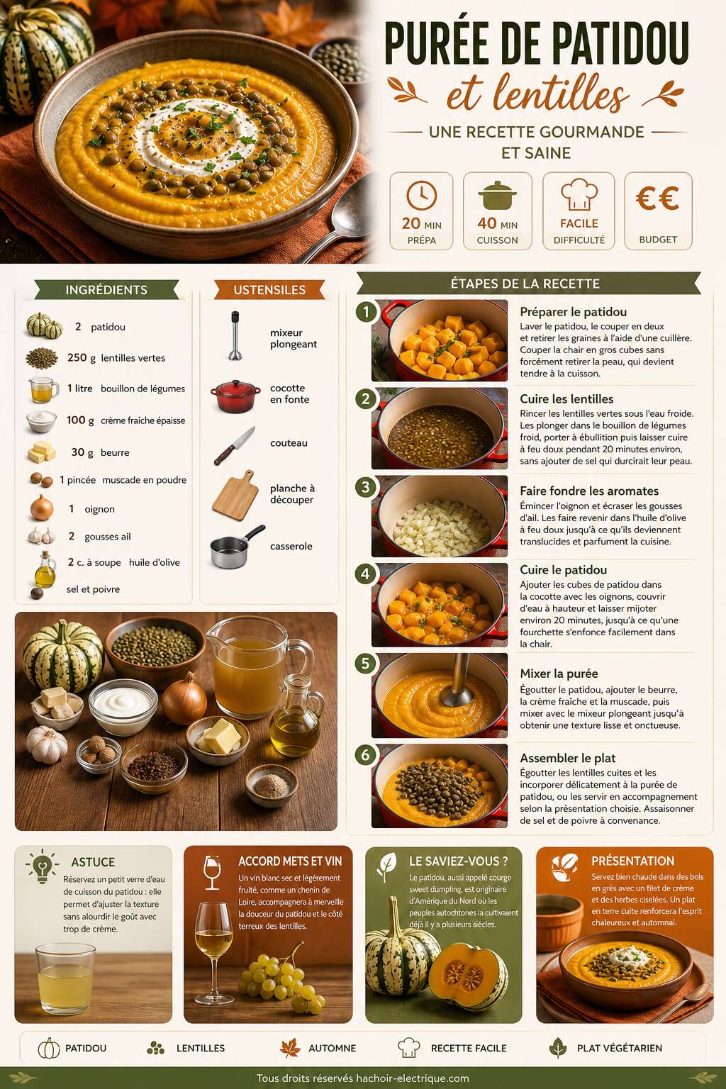 Fiche recette Purée de patidou et lentilles : une recette gourmande et saine Fiche recette Purée de patidou et lentilles : une recette gourmande et saine