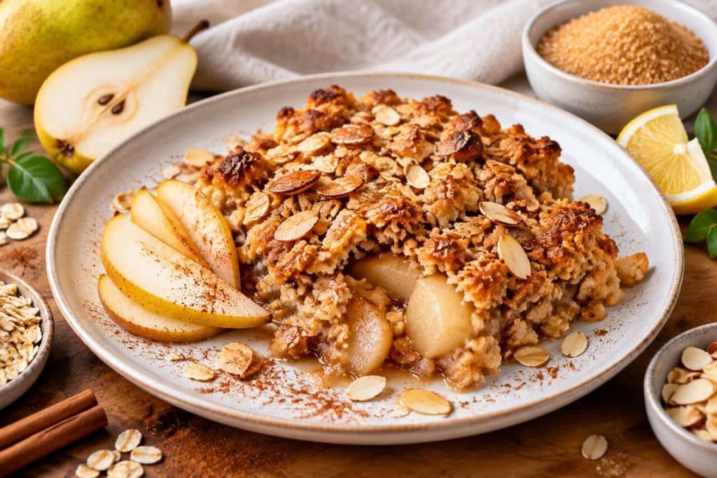 Crumble poires-amandes sans beurre : gourmandise légère