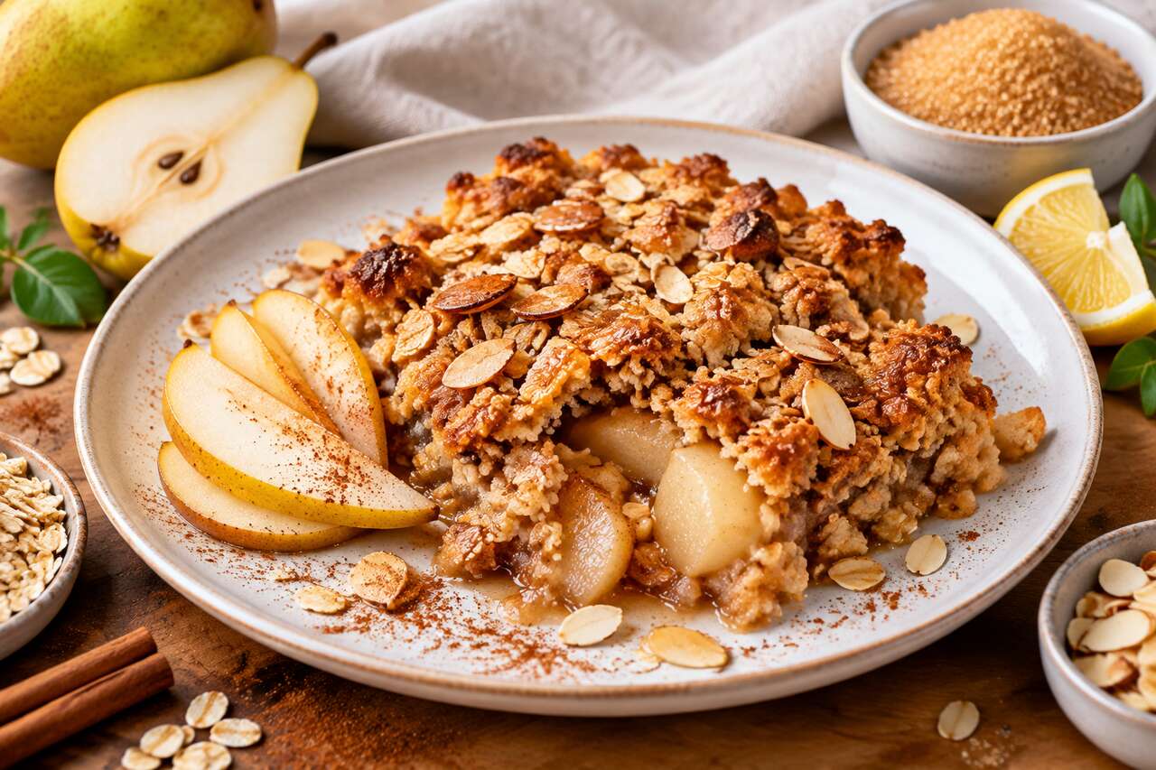 Crumble poires-amandes sans beurre : gourmandise légère