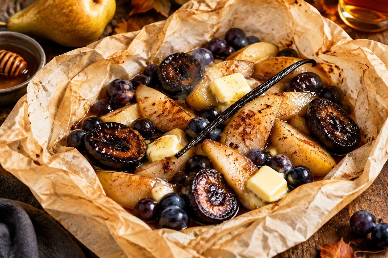 Papillote de fruits d'automne : poire, prune et raisin