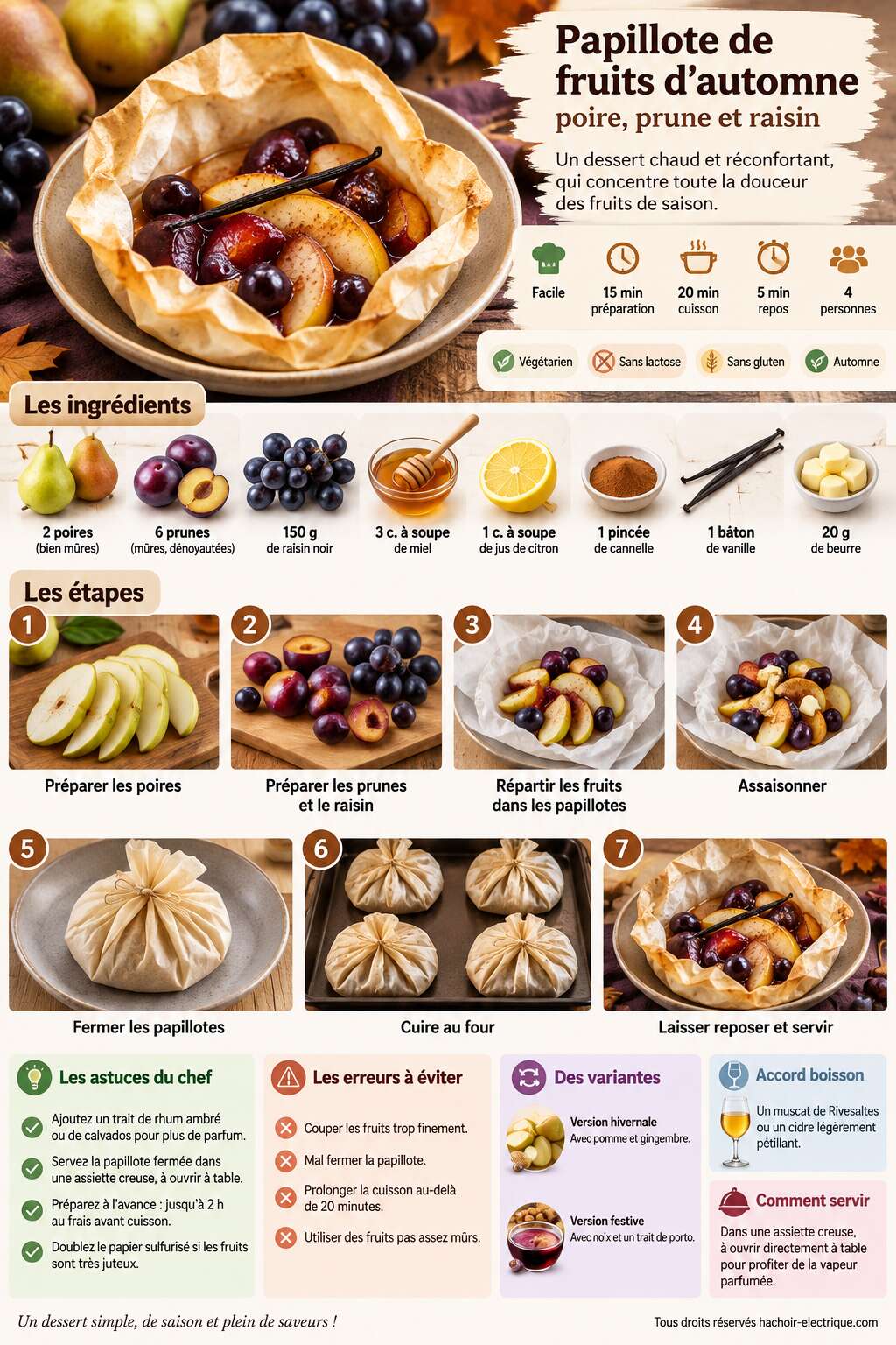 Fiche recette Papillote de fruits d'automne : poire, prune et raisin Fiche recette Papillote de fruits d'automne : poire, prune et raisin