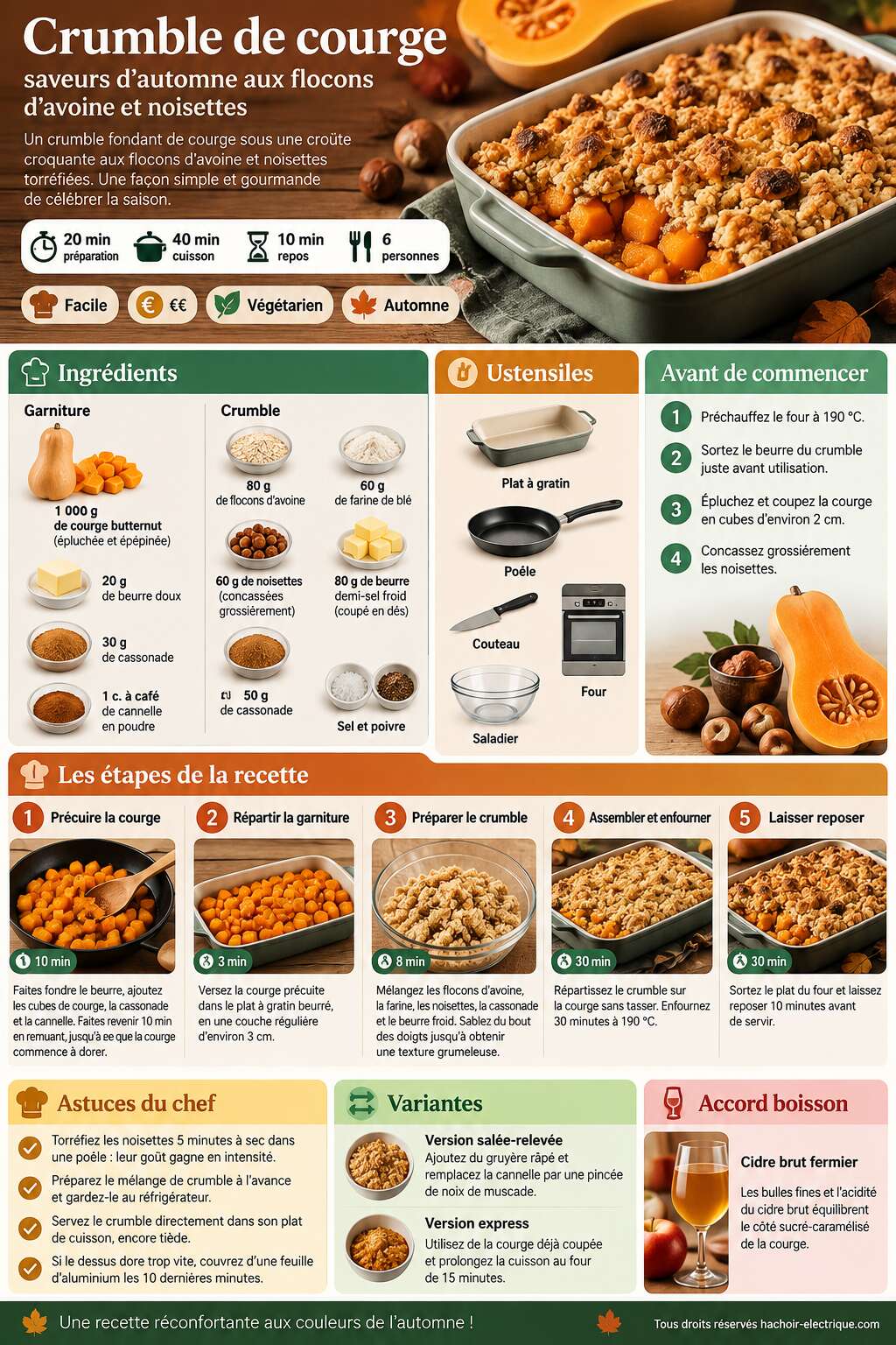 Fiche recette Crumble de courge : saveurs d'automne aux flocons d'avoine et noisettes Fiche recette Crumble de courge : saveurs d'automne aux flocons d'avoine et noisettes
