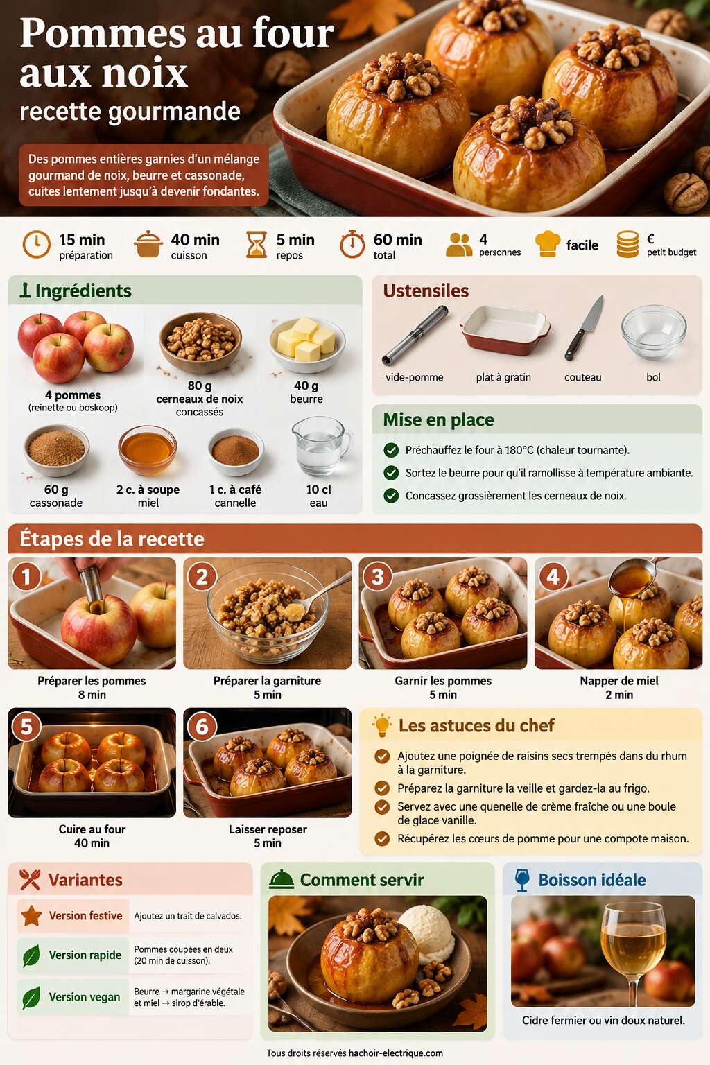 Fiche recette Pommes au four aux noix : recette gourmande Fiche recette Pommes au four aux noix : recette gourmande