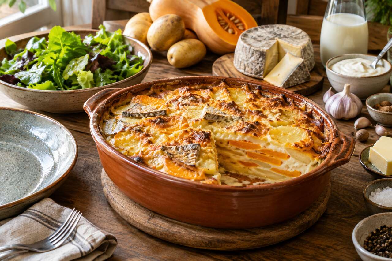 Gratin de pommes de terre, butternut et Saint-Nectaire : recette savoureuse