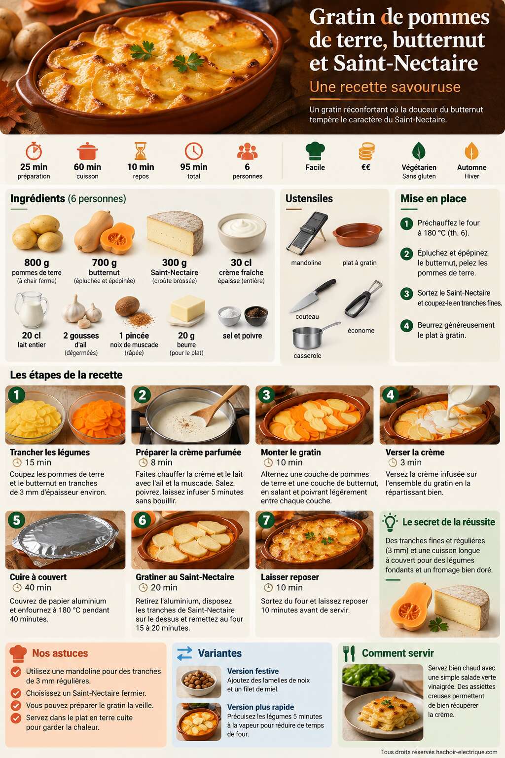 Fiche recette Gratin de pommes de terre, butternut et Saint-Nectaire : recette savoureuse Fiche recette Gratin de pommes de terre, butternut et Saint-Nectaire : recette savoureuse