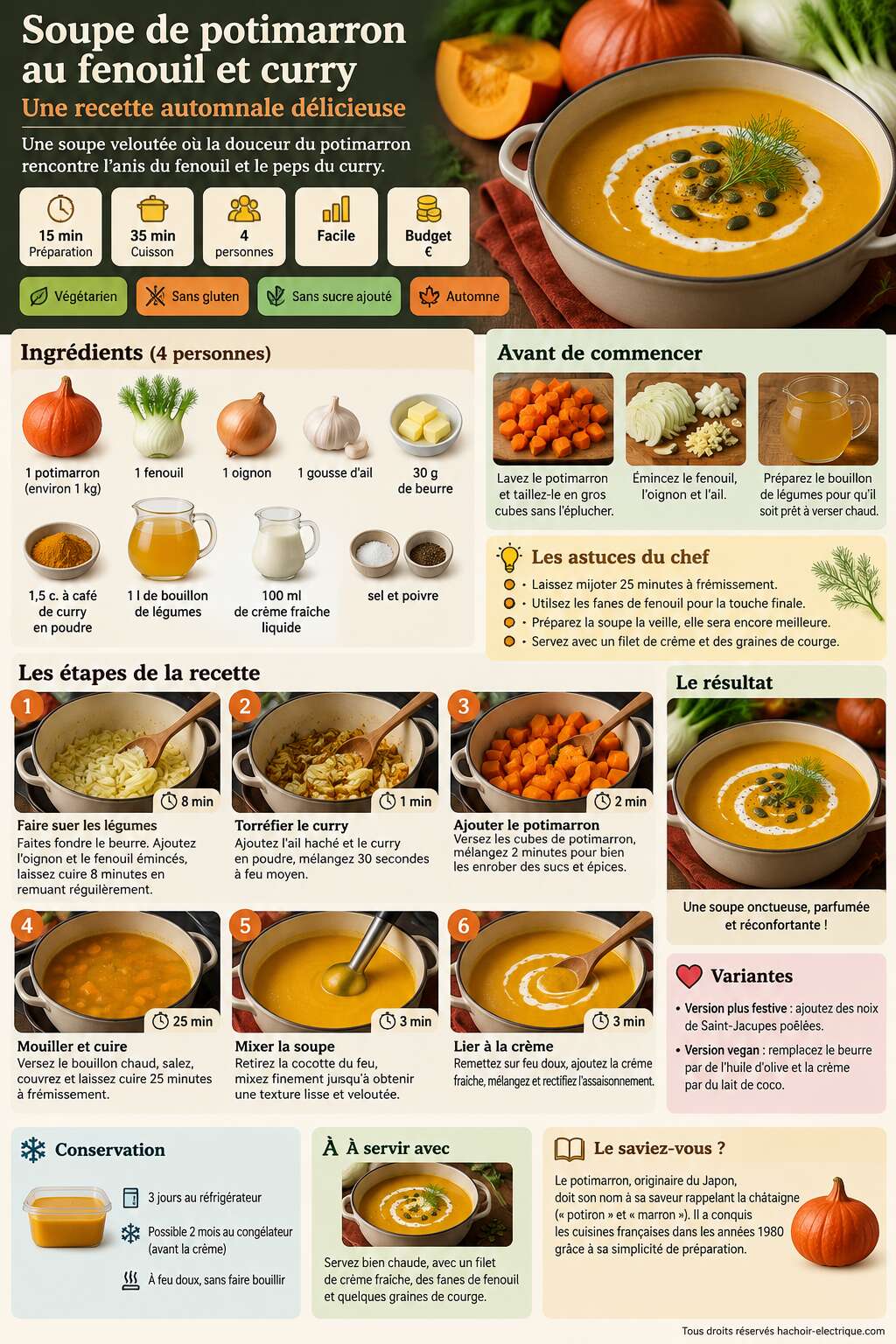 Fiche recette Soupe de potimarron au fenouil et curry : recette automnale délicieuse Fiche recette Soupe de potimarron au fenouil et curry : recette automnale délicieuse