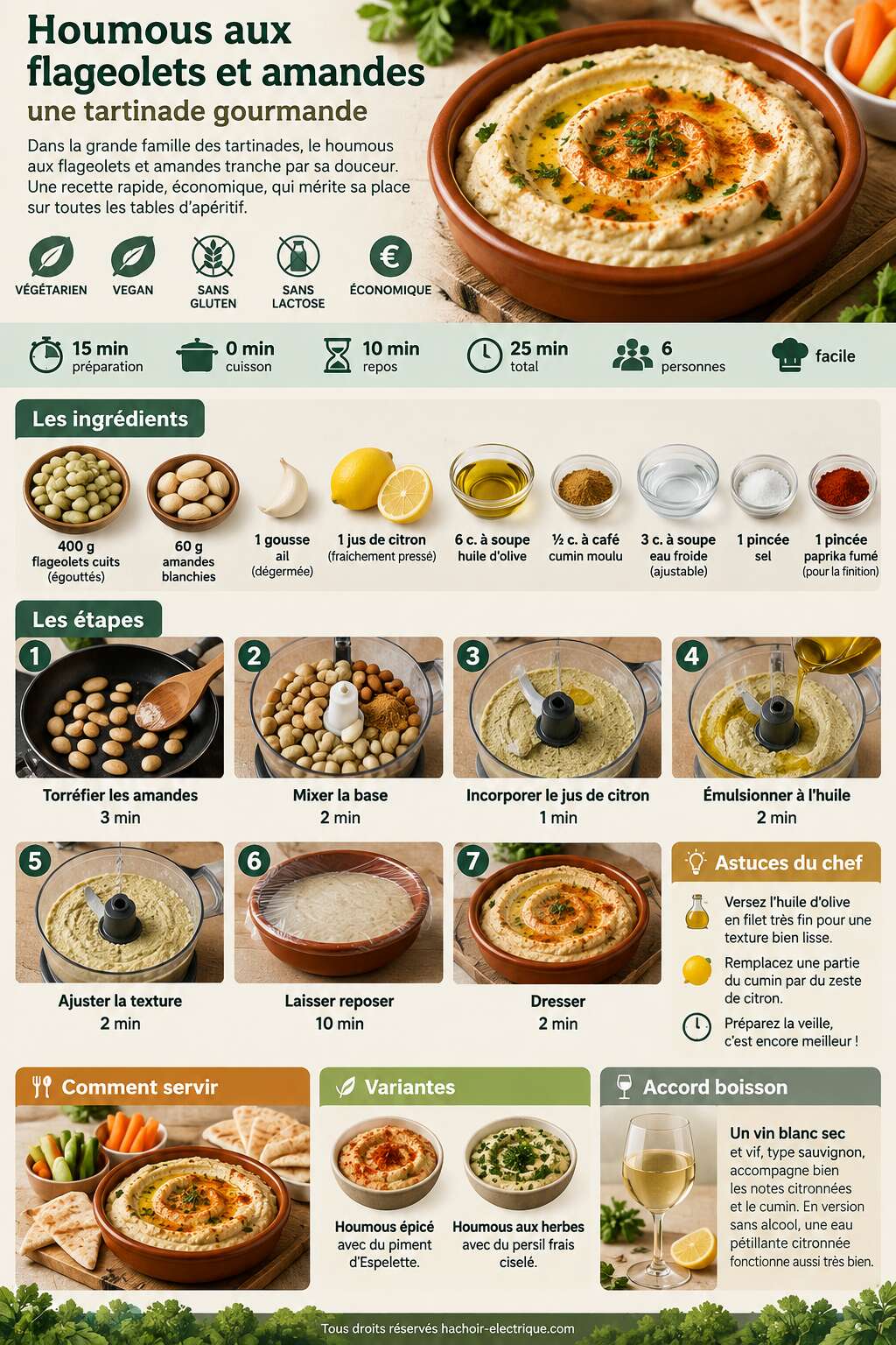 Fiche recette Houmous aux flageolets et amandes : une tartinade gourmande